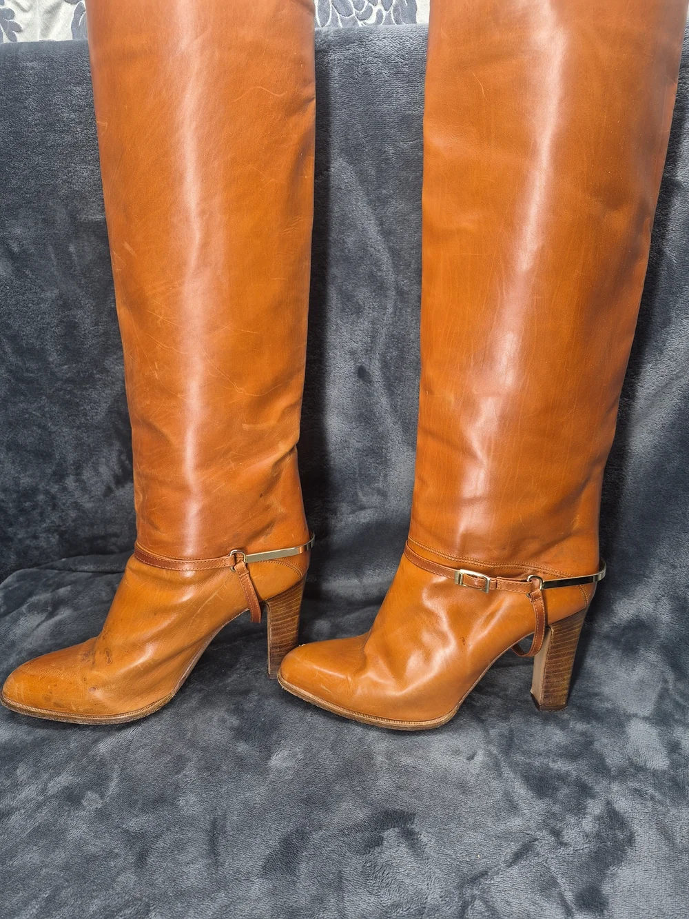 Vtg Cognac Brown Leather Classic Knee High Boots Ankle Strap Gold Tone 7.5